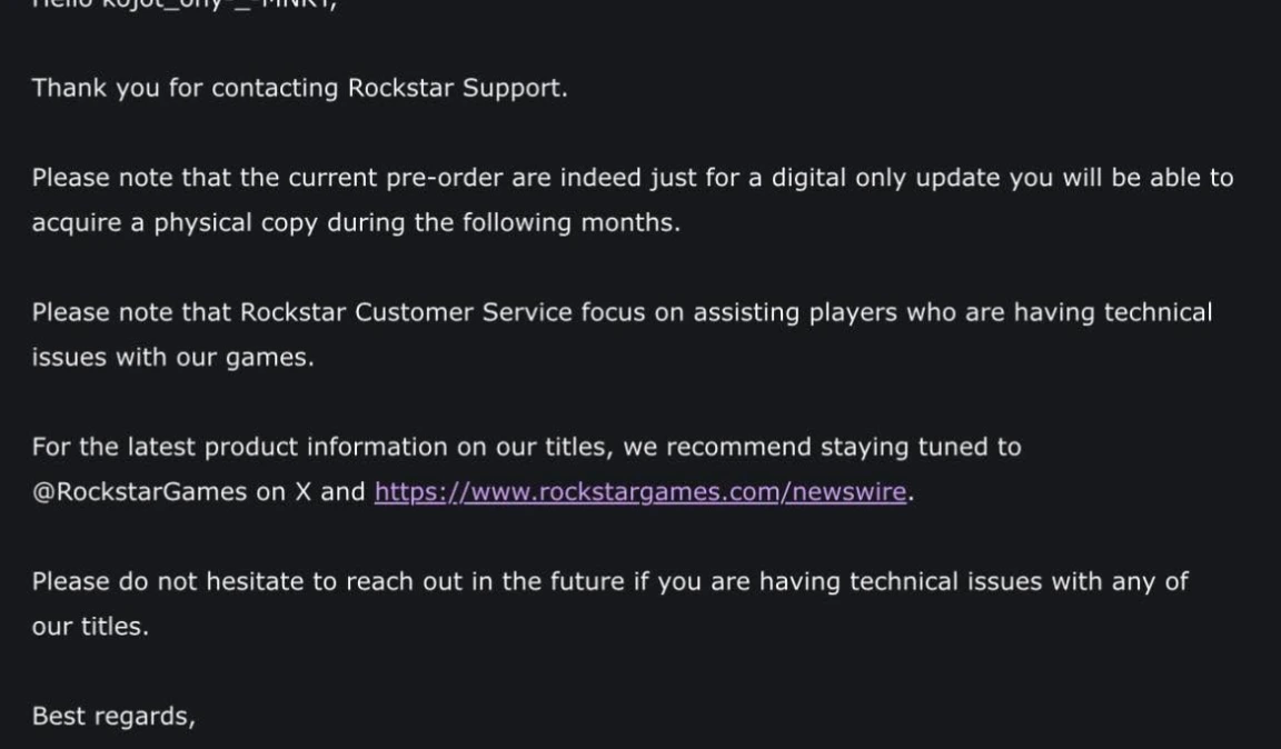 GTA 6 physical disc coming "during following months" per e-mail from Rockstar support